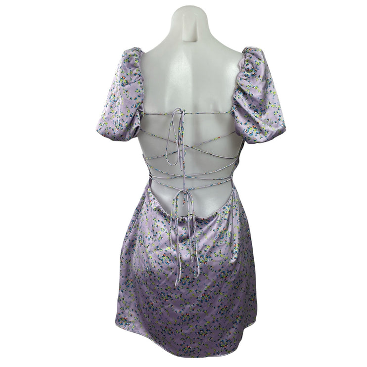 Zara Purple Silky Satin Floral Puff Sleeve Lace Up Back Mini Casual Dress Size M