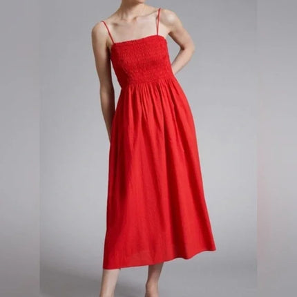 & Other Stories Red Sleeveless Smocked Cami Camisole Tank A Line Midi Dress 4