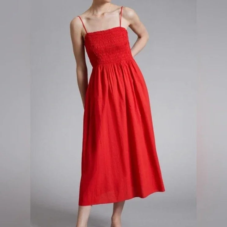& Other Stories Red Sleeveless Smocked Cami Camisole Tank A Line Midi Dress 4
