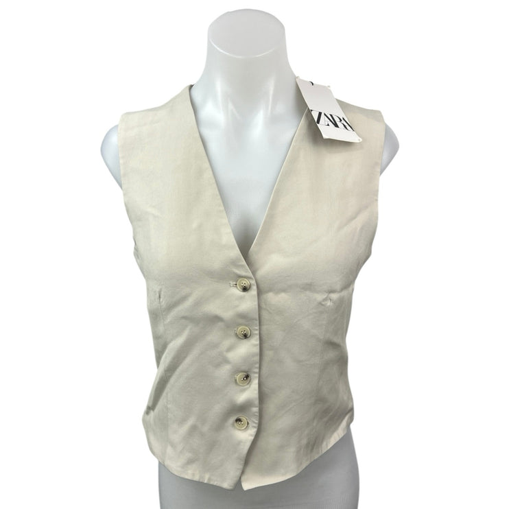 NEW Zara White Cream Sleeveless Button V-Neck Casual Formal Crop Vest Top Size S