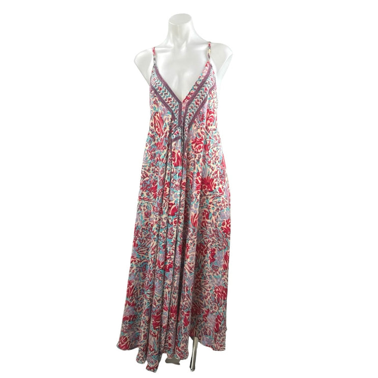 Advance Red Silk Floral V Neck Boho Sleeveless Cami Tank A Line Maxi Dress OS