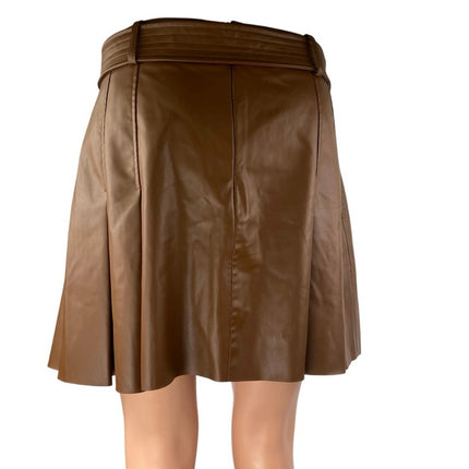 Zara Women's Brown Faux Vegan Leather Pleated Belted Mini A-Line Skirt Size L