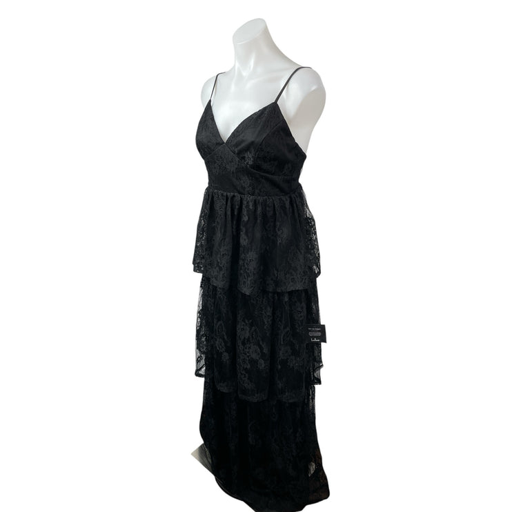 NEW Lulus Tier I Go Black Lace V Neck Sleeveless Tiered Maxi Prom Dress Size M