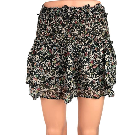 Zara Black Floral Smocked High Waist Ruffle Pull On Mini Skirt Skort Size S