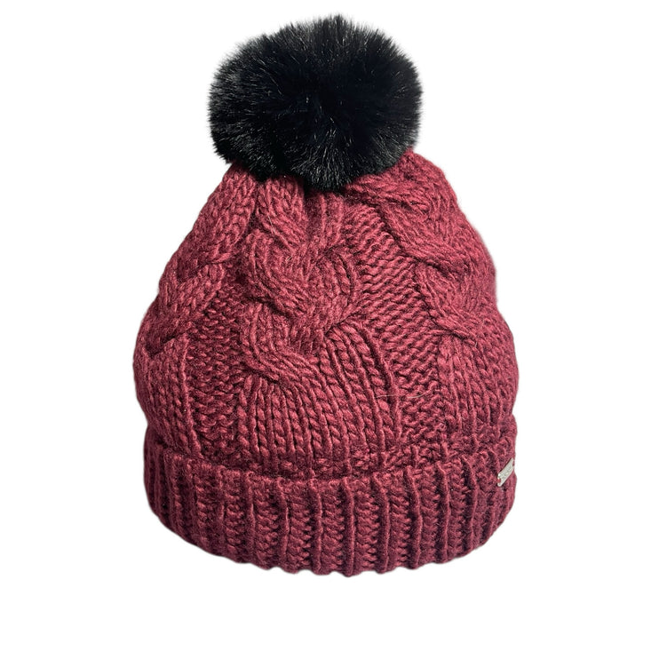 Steve Madden Women's Red Black Cable Knit Cuffed Winter Pom Pom Beanie Hat OS