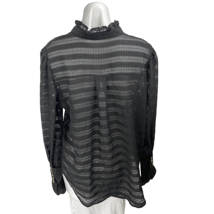 Beulah Black Long Sleeve Striped Mesh Sheer Pintucked Button Up Shirt Top OS