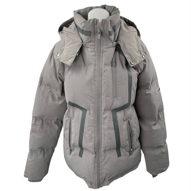 Manier De Voir Women's Gray Tan Full Zip Hoodie Hooded Puffer Coat Jacket Size L