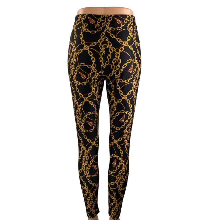 Zara Women's Black Gold Chain Print High Waisted Casual Leggings Pants Size S
