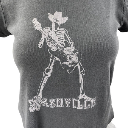 John Galt Nashville Skeleton Women's Gray Short Sleeve Graphic Tee T-shirt Top S
