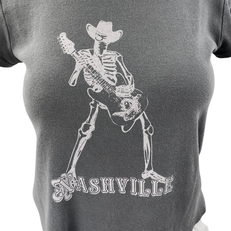 John Galt Nashville Skeleton Women's Gray Short Sleeve Graphic Tee T-shirt Top S