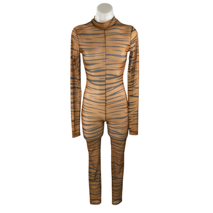 Women's Tan Black Tiger Animal Print Long Sleeve Sheer Mesh Jumpsuit Size M