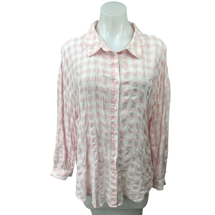 Zara Pink White Checkered Plaid Button Down Long Sleeve Shirt Blouse Top Size M