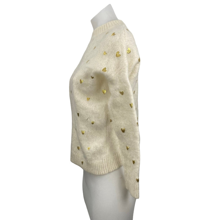 SEZANE Cinta Women's Cream Wool Gold Heart Long Sleeve Sweatshirt Sweater Top M