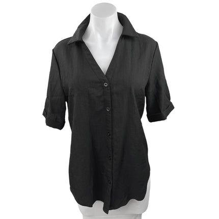 Womens Black Linen Cotton Blend Button Up Collar Short Sleeve Shirt Top Blouse M