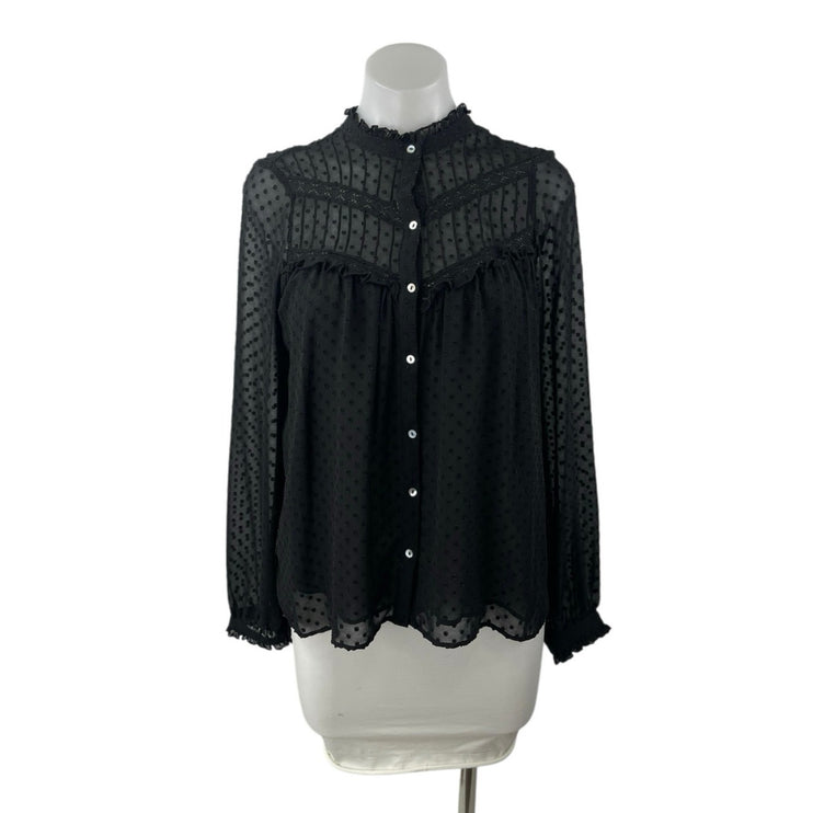 Zara Womens Black Texture Dot Ruffle Button Up Long Sleeve Peasant Blouse Top XS
