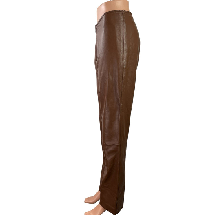 Nicola Berti Women's Brown 100% Leather High Rise Wide Leg Trousers Pants Size 6