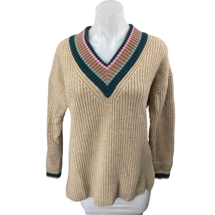 Madewell Women's Tan Striped V-Neck Wool Chunky Knit Long Sleeve Sweater Top S