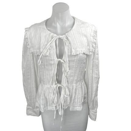 Peppermayo White Long Sleeve Tie Knot Collared Ruffle Peplum Blouse Top Size 8