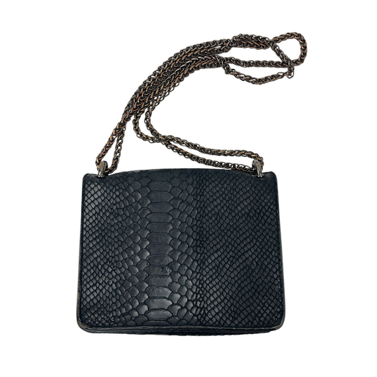 Women's Black Snakeskin Textured Faux Leather Horseshoe Chain Crossbody Bag OS