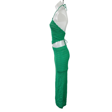 AFRM Green Halter Open Knit Sleeveless Crop Top Midi Skirt Two Piece Set Size S