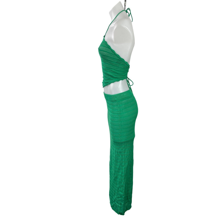 AFRM Green Halter Open Knit Sleeveless Crop Top Midi Skirt Two Piece Set Size S