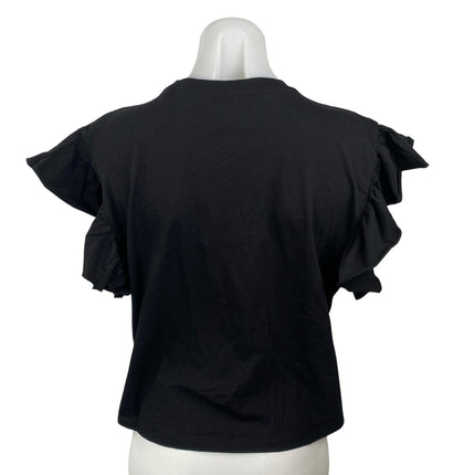 NEW Zara Women's Black Round Neck Ruffle Flutter Sleeve T-Shirt Blouse Top Sz M