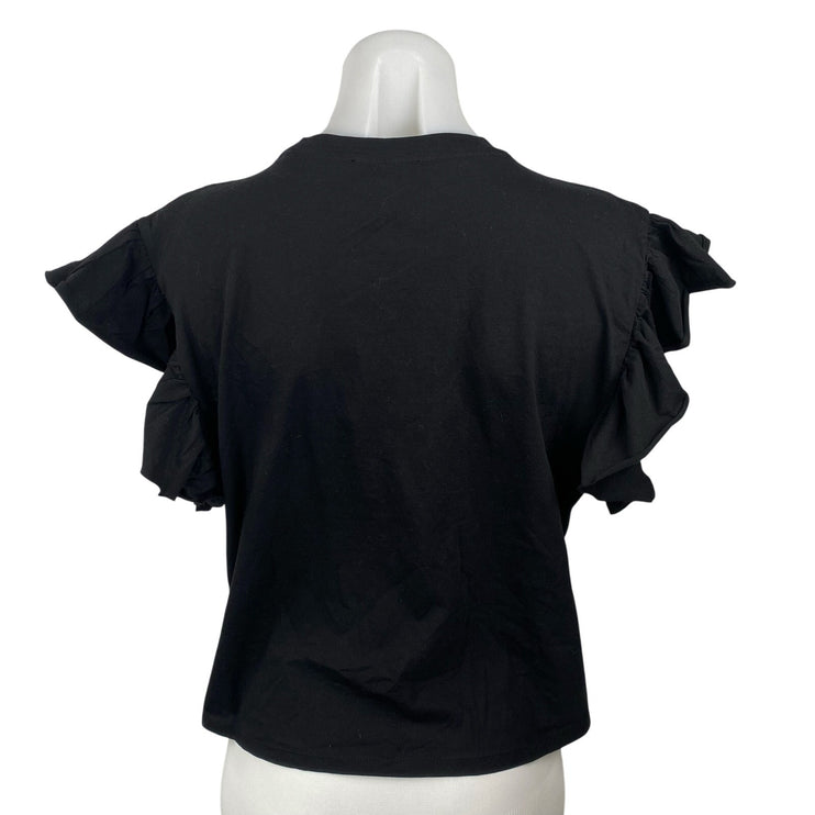 NEW Zara Women's Black Round Neck Ruffle Flutter Sleeve T-Shirt Blouse Top Sz M