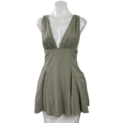 Zara Khaki Green Sleeveless Plunge Deep V Neck Lace Up A Line Mini Dress Size XS