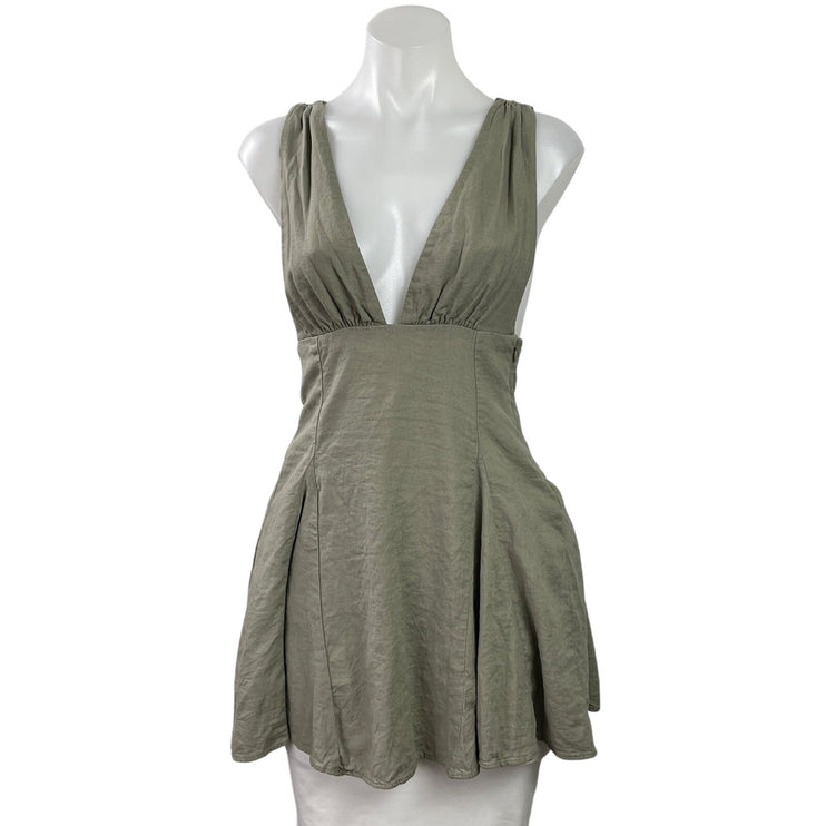 Zara Khaki Green Sleeveless Plunge Deep V Neck Lace Up A Line Mini Dress Size XS