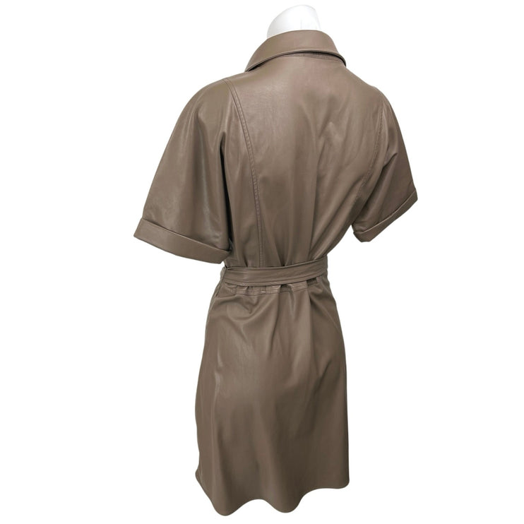 Heartloom Tan Brown Vegan Faux Leather Short Sleeve Belted Button Shirt Dress M