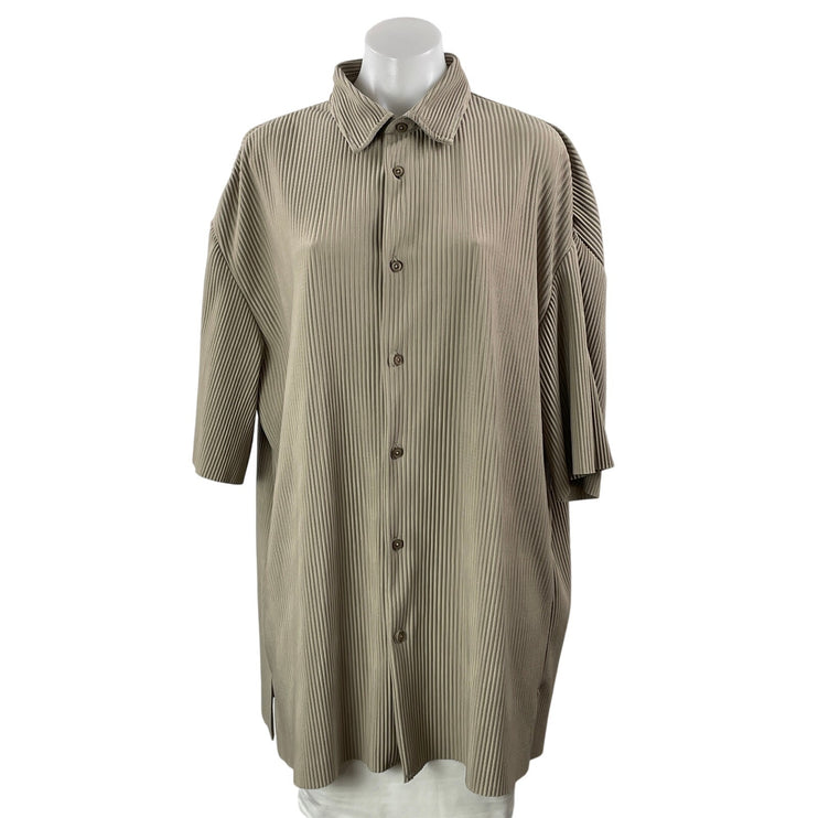 Zara Women's Beige Ribbed Plisse Half Sleeve Button Down Shirt Tunic Top Size L