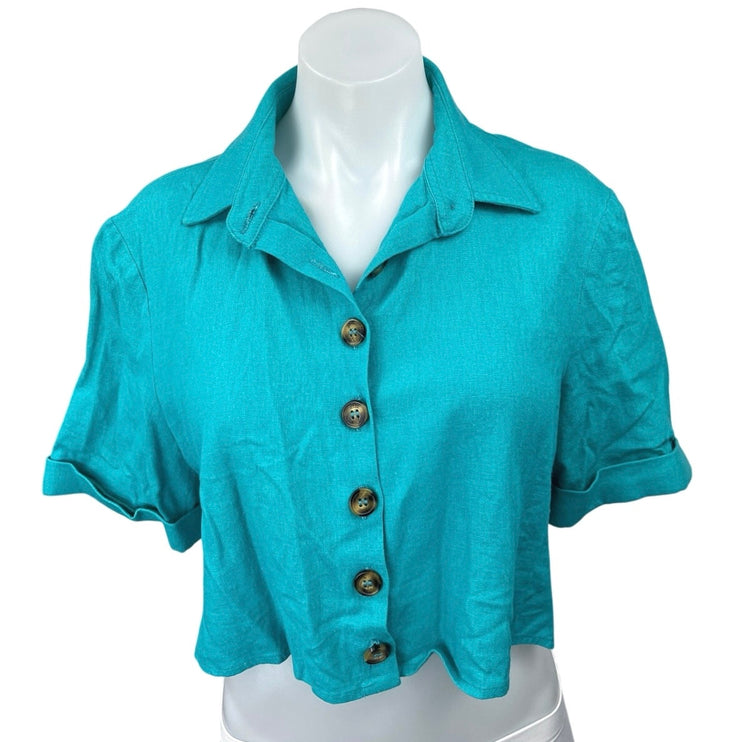 Nativozza La Rouge Blue Linen Collared Cropped Button Down Shirt Top Size M