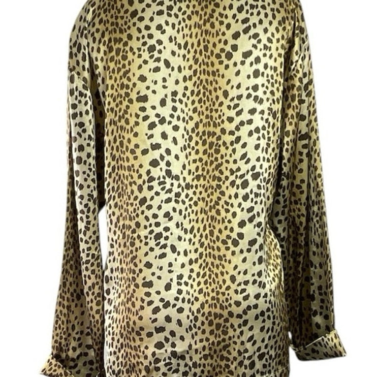 Victoria's Secret New Glam Leopard Satin Button Up Shirt Pajama Sleepwear Set L