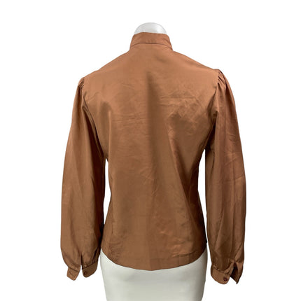 MJ Women's Brown Bronze Silk Satin Long Sleeve Pintuck Button Down Shirt Top 9