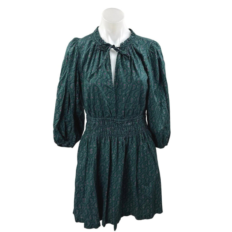 Gap Green Long Puff Sleeve Smocked Waist Paisley Floral A Line Mini Dress Size M