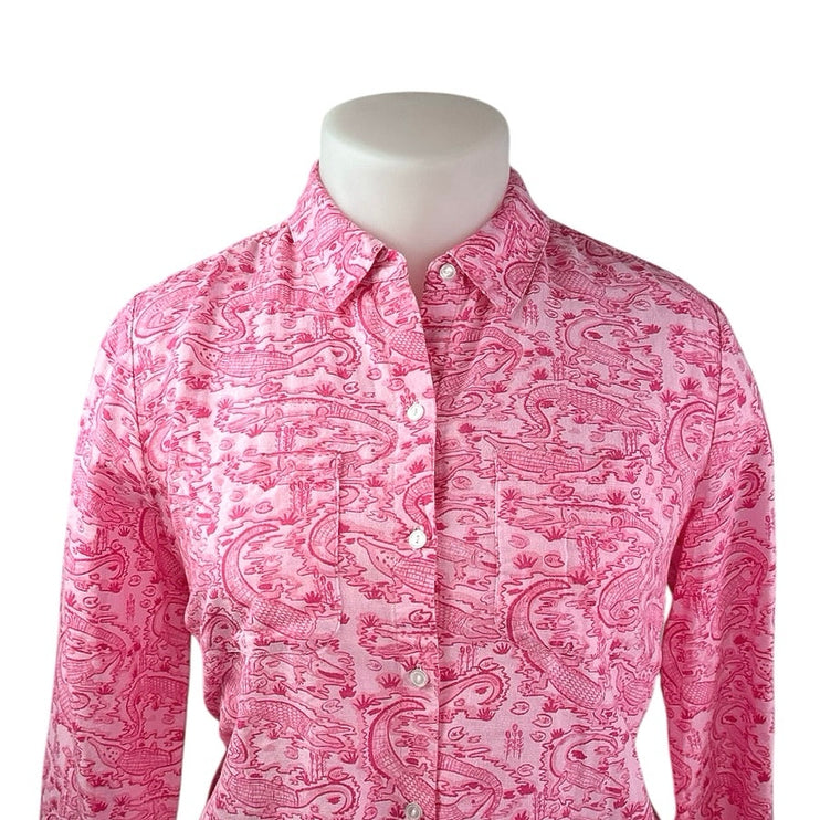 Charter Club Pink Linen Alligator Print Long Sleeve Button Up Shirt Blouse Top L