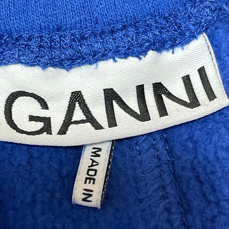 Ganni Women's Blue High Rise Drawstring Fleece Lounge Wide Sweat Shorts Size S