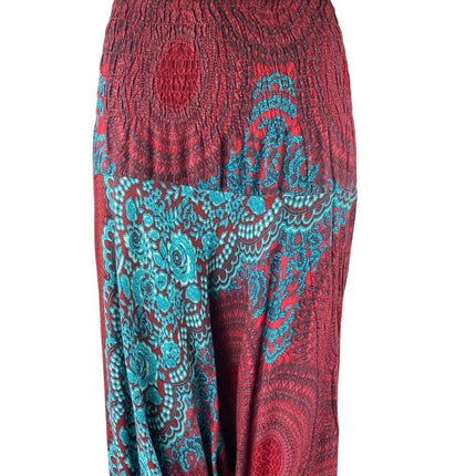 Women's Red Blue Floral Smocked Drapey Tapered Jogger Harem Pants One Size