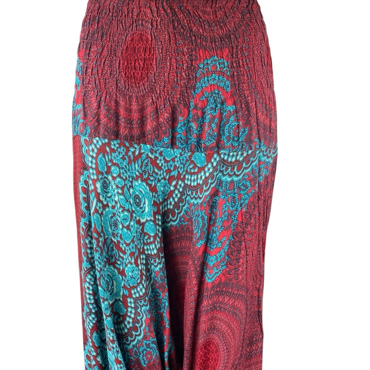 Women's Red Blue Floral Smocked Drapey Tapered Jogger Harem Pants One Size