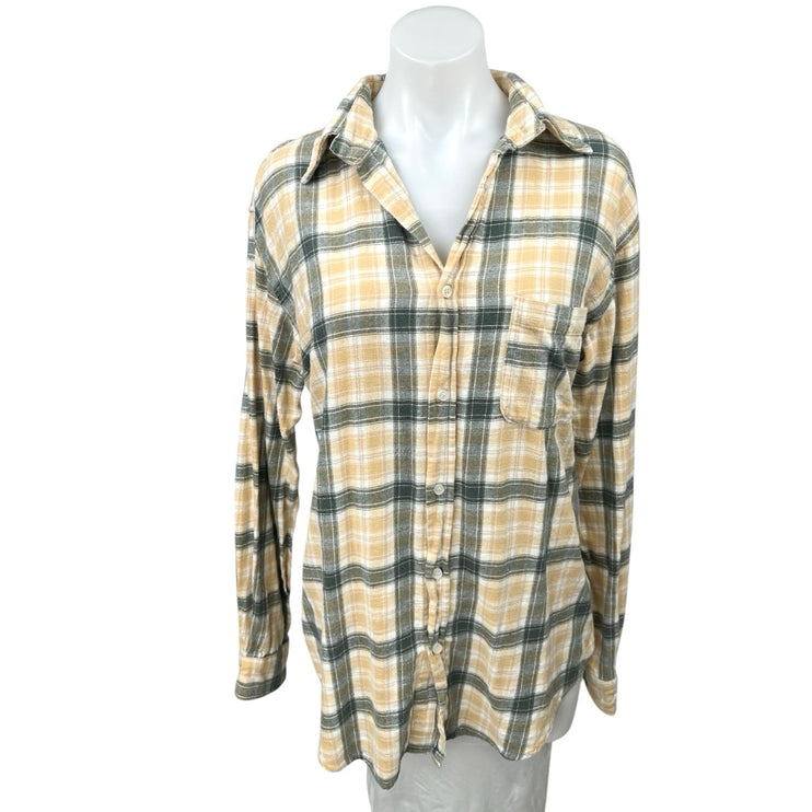 12th Tribe Green Beige Plaid Checkered Flannel Button Down Shirt Blouse Top Sz S