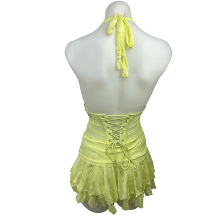 Outcast Yellow Mesh Plunging Halter Neck Backless One Piece Bodysuit Dress Sz XS