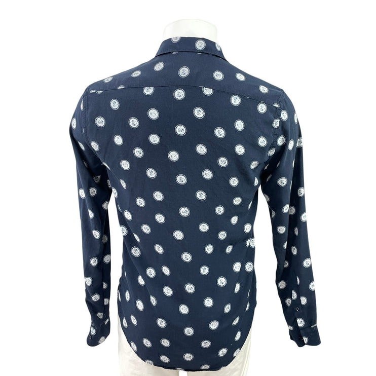 Zara Men's Navy Blue Polka Dots Geometric Long Sleeve Button Down Shirt Top Sp