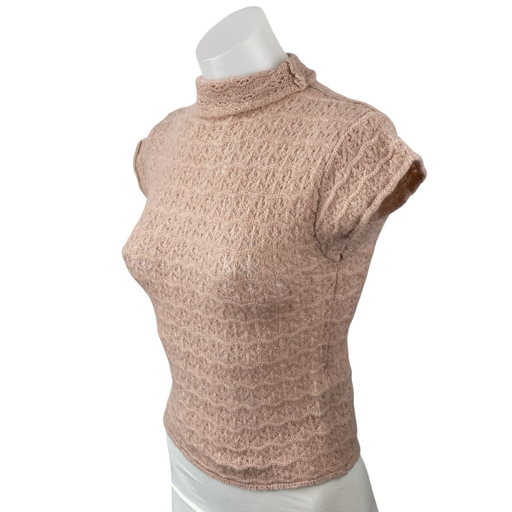 Zara Women's Pink Lace Floral Short Sleeve Mock Neck Knit Blouse Top Size L