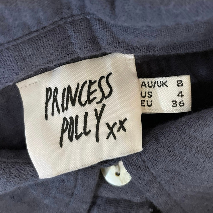 Princess Polly Women's Navy Blue Crinkle Long Sleeve Button Down Shirt Top Sz S