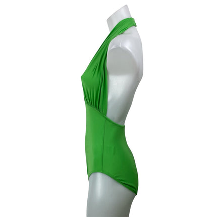 Olivaceous Green Halter Plunging Open Back One Piece Swimsuit Swimwear Size S