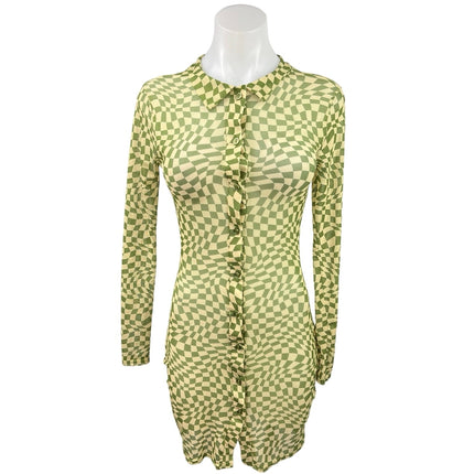 Daisy Street Green White Checkered Mesh Long Sleeve Sheer Bodycon Mini Brie Daisy Street Green White Checkered Mesh Long Sleeve Sheer Bodycon Mini Brie