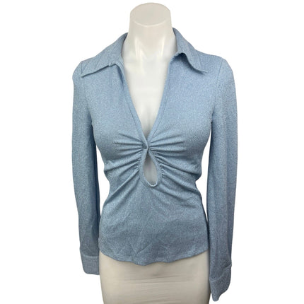 Zara Blue Metallic Ruched Keyhole V-neck Collar Long Sleeve Blouse Top Size XS