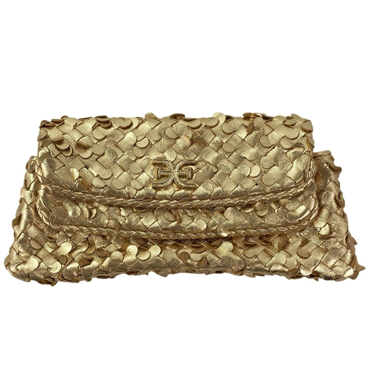 Sam Edelman Gold Bianka Woven Leather East/West Clutch Wristlet Purse Pouch OS