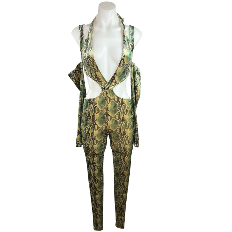 Fashion Nova Green Sterling Velvet Snake Skin Cold Shoulder Halter Jumpsuit XS