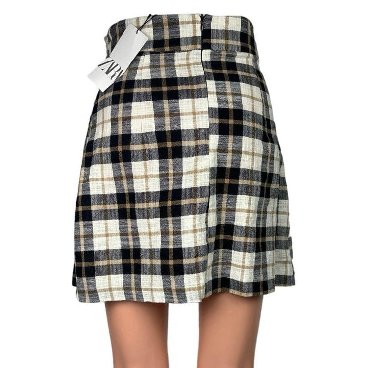 Zara NWT Black White Plaid Paperbag Tie Belt Preppy Checkered Wrap Mini Skirt XS